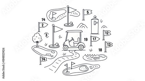 Golf course illustration with cart flags and holes in clean line art