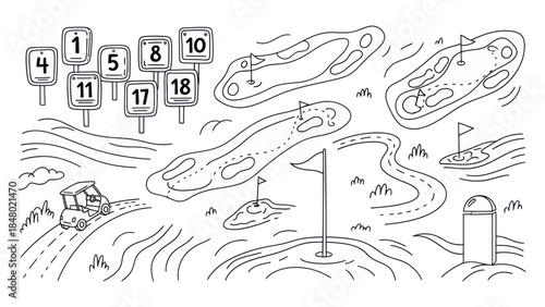 Golf course illustration with hole markers and cart outline