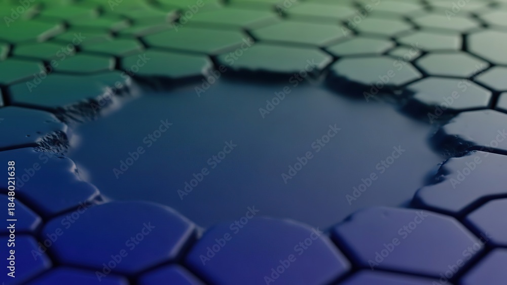 Obraz premium Blue and green hexagons arranged in a pattern on a shiny surface