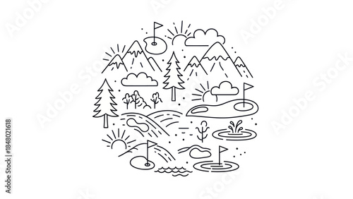 Golf course landscape illustrated mountain trees sun clouds flags vector graphic