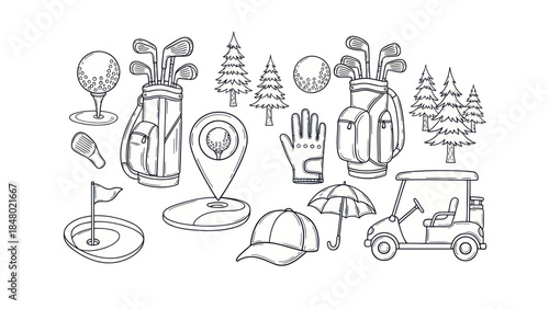 Golf equipment collection in outline style against a white background