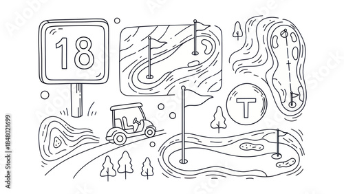 Golf course layout illustration with cart flag and hole markers isolated