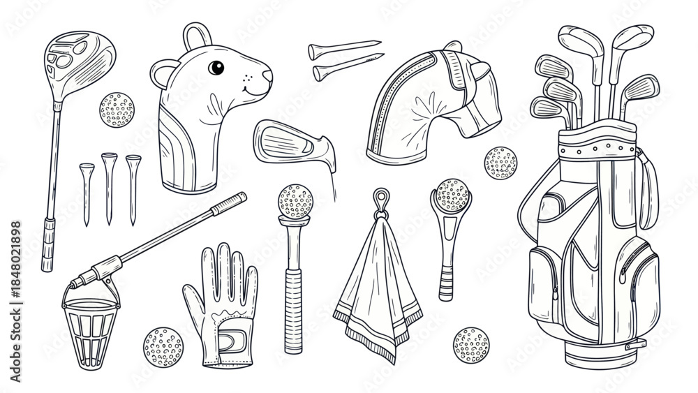 Fototapeta premium Golf equipment collection in line art style for sports and recreation