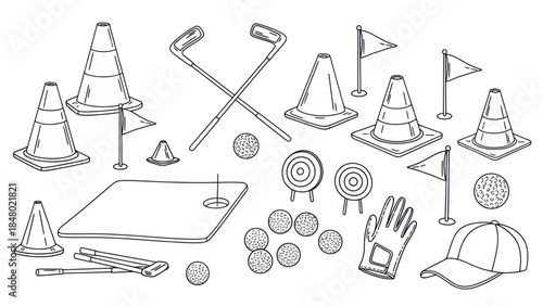 Golf equipment collection in line art style for sports and recreation