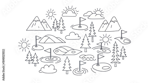 Golf course line art illustration of nature and sport elements