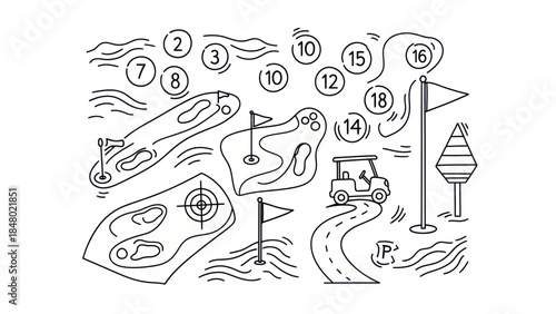 Golf course map illustration with flags paths cart and course elements