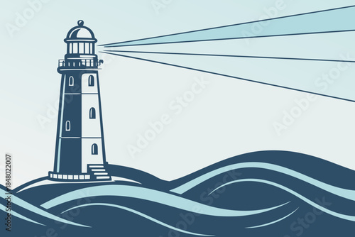  Lighthouse Vector Illustration with Ocean Waves, Coastal Navigation Beacon Design
