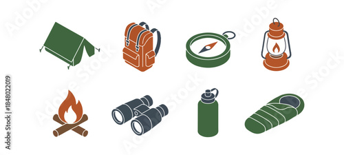 Isometric camping and adventure icons outdoors equipment
