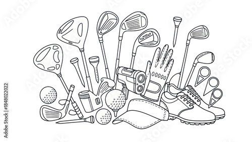 Golf equipment illustration detailed black and white vector composition