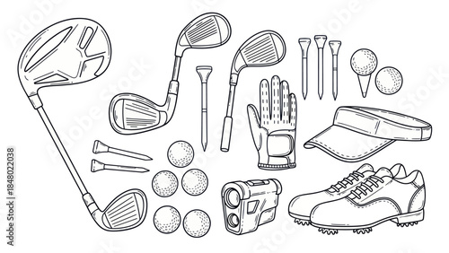 Golf equipment illustration detailed graphic set with isolated white background