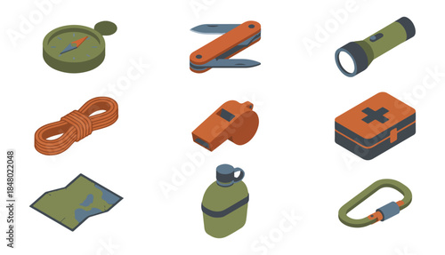 Isometric camping gear collection vector illustration