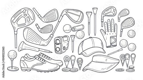Golf equipment illustration detailed line art for sport and recreation