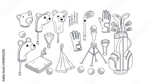 Golf equipment illustration detailed line art of clubs balls and accessories