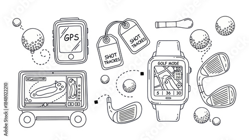 Golf equipment collection of outline style icons balls and devices on white