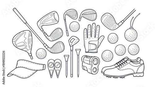 Golf equipment illustration detailed vector graphics of clubs balls and accessories