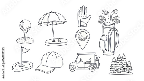 Golf equipment collection of vector illustrations isolated on white background