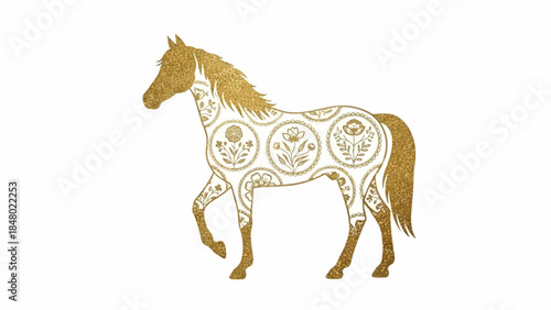 Decorative golden horse illustration with floral patterns symbolizing elegance and strength