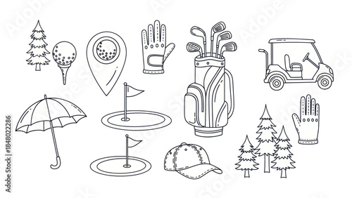 Golf equipment collection outline illustration for leisure and sport design