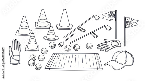 Golf equipment illustration cones balls clubs flags and accessories