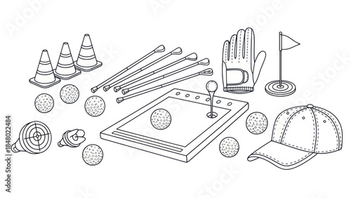 Golf equipment illustration cones balls clubs glove flag and hat
