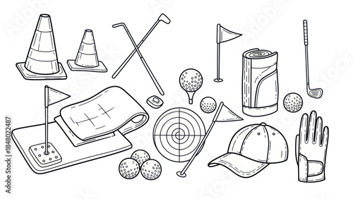 Golf equipment illustration detailed black and white vector set isolated