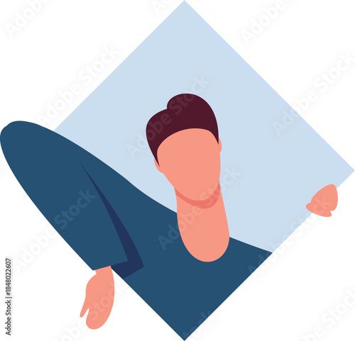 Person looking out from blue geometric frame