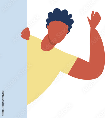 Person peeking around blank blue copy space