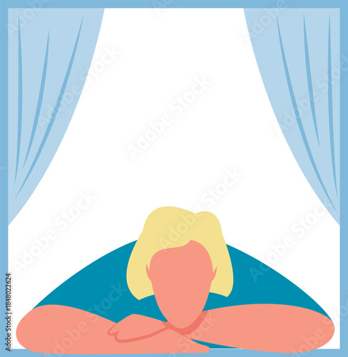 Woman looking out window staying home