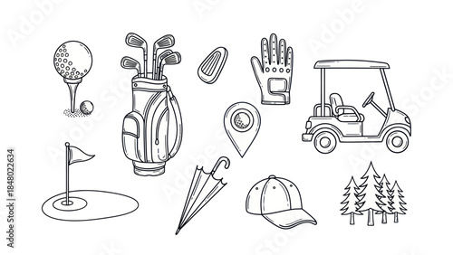 Golf equipment illustration set golf ball clubs cart glove umbrella and more