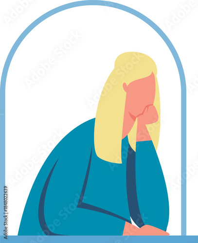 Woman thinking looking out window arch isolated