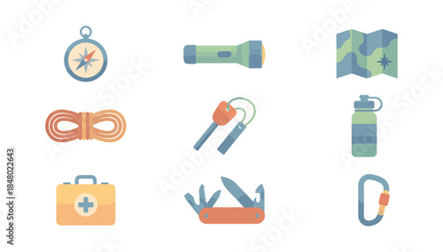 Outdoor adventure gear collection illustration