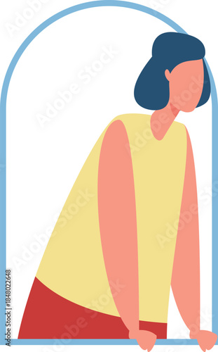 Woman leaning out window looking curious