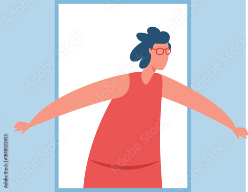Woman with arms extended emerging from frame