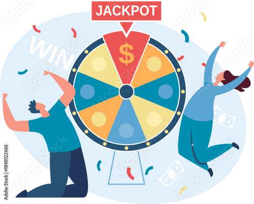 Happy people celebrating winning jackpot on spinning wheel