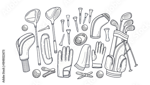 Golf equipment illustration detailed black and white vector set on white