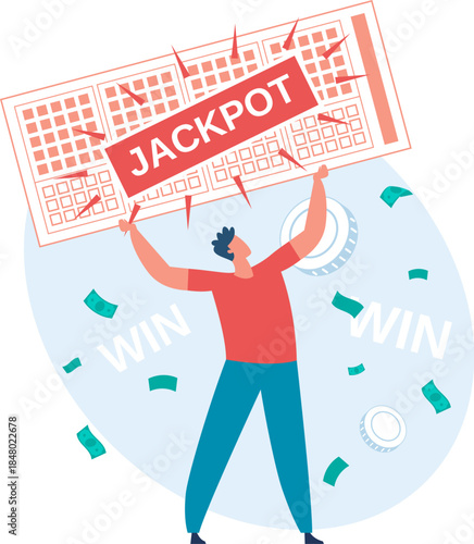 Happy man celebrating lottery jackpot winning money