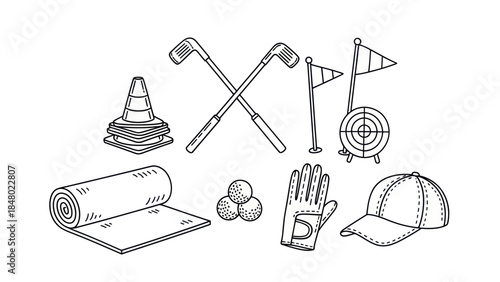 Golf equipment illustration set of golf clubs balls and accessories