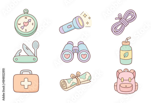 Outdoor adventure icons compass flashlight rope knife binoculars water bottle first aid kit map backpack