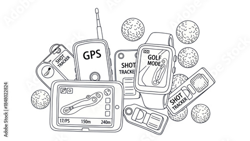 Golf gadgets collection illustration with balls and various tracking devices