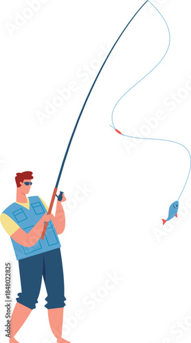 Man fishing with rod catching small fish
