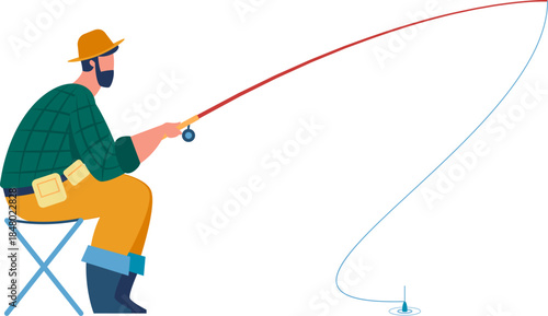 Man fishing sitting on stool enjoying hobby