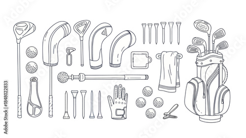 Golf equipment illustration detailed graphic of clubs balls and accessories