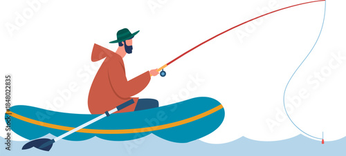 Man fishing from inflatable boat enjoying outdoor hobby