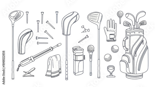 Golf equipment illustration set with bag clubs tees balls glove and accessories
