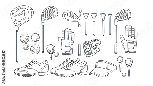 Golf equipment illustration detailed graphic of clubs balls and accessories
