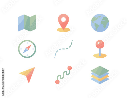 Set of travel and navigation icons on black background