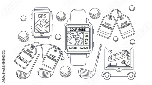 Golf technology vector illustration of smartwatch gps golf balls and equipment