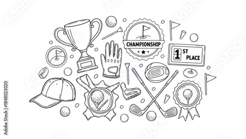 Golf themed illustration trophy clubs golf balls championship badge