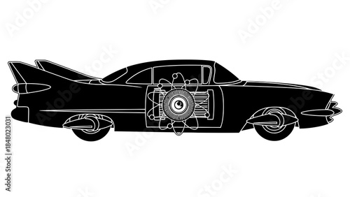 Retro atomic car engine cutaway illustration