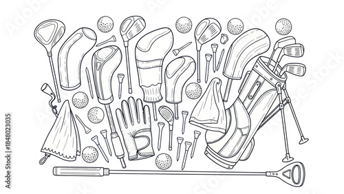 Golf equipment illustration detailed graphic of clubs balls and accessories